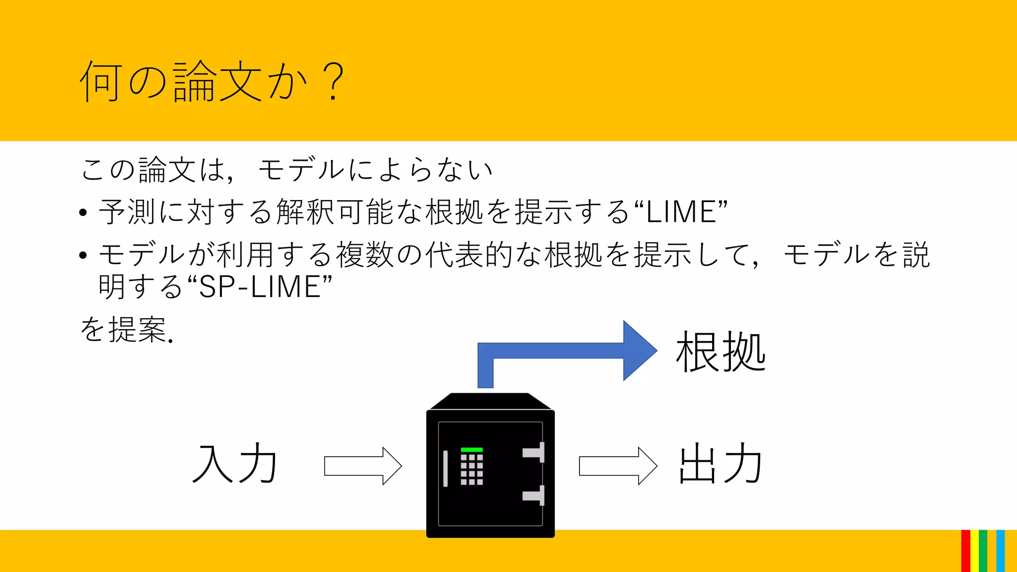 何の論文か？
この論文は，モデルによらない
• 予測に対する解釈可能な根拠を提示する“LIME”
• モデルが利用する複数の代表的な根拠を提示して，モデルを説
明する“SP-LIME”
を提案．
入力 出力
根拠
 