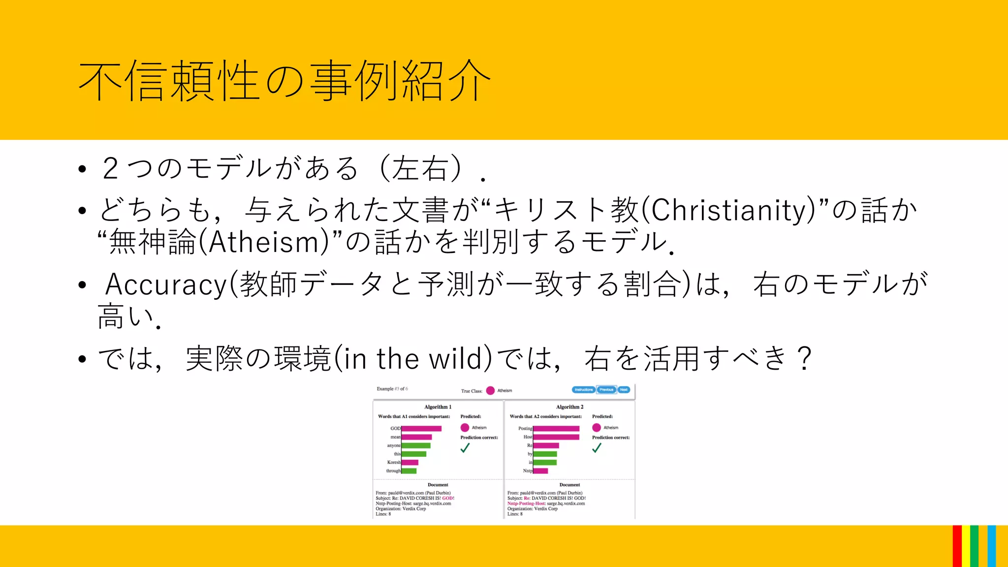 不信頼性の事例紹介
• ２つのモデルがある（左右）．
• どちらも，与えられた文書が“キリスト教(Christianity)”の話か
“無神論(Atheism)”の話かを判別するモデル．
• Accuracy(教師データと予測が一致する割合)は，右のモデルが
高い．
• では，実際の環境(in the wild)では，右を活用すべき？
 