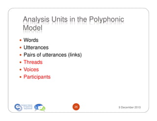 Analysis Units in the Polyphonic
Model
Words
Utterances
Pairs of utterances (links)
Threads
Voices
Participants




                       26     9 December 2010
 