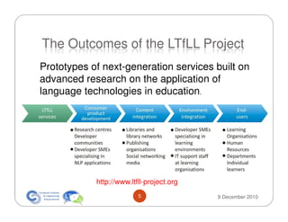 The Outcomes of the LTfLL Project
Prototypes of next-generation services built on
advanced research on the application of
language technologies in education.




            http://www.ltfll-project.org
                          5                9 December 2010
 