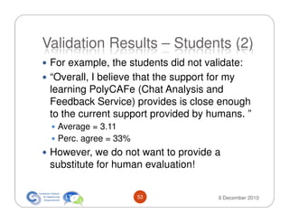 Validation Results – Students (2)
 For example, the students did not validate:
 “Overall, I believe that the support for my
 learning PolyCAFe (Chat Analysis and
 Feedback Service) provides is close enough
 to the current support provided by humans. ”
  Average = 3.11
  Perc. agree = 33%
 However, we do not want to provide a
 substitute for human evaluation!


                      53             9 December 2010
 