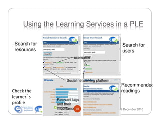 Using the Learning Services in a PLE

 Search for                                       Search for
 resources                                        users
                        username




                    Social networking platform
                                                 Recommended
Check the                                        readings
learner’s
               Relevant tags
profile        and their
               importance 69                     9 December 2010
 