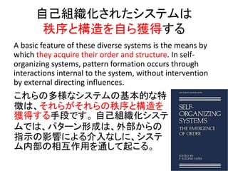 ԼM줿ƥ
ȘԤ@ä
A basic feature of these diverse systems is the means by
which they acquire their order and structure. In self-
organizing systems, pattern formation occurs through
interactions internal to the system, without intervention
by external directing influences.
ζʥƥλĤ
դϡ餬Ș
@äֶΤǤ ԼM
Ǥϡѥ`γɤϡⲿ
ָʾӰ푤ˤʤˡ
ڲ໥äͨ𤳤롣
 