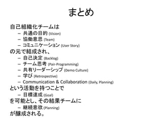 ޤȤ
ԼM`
C ͨĿ (Vision)
C fP˼ (Team)
C ߥ˥` (User Story)
ԪǽYɤ졢
C ԼQ (Backlog)
C `˼ (Pair-Programming)
C Х``å (Demo Culture)
C ѧ (Retrospective)
C Communication & Collaboration (Daily, Planning)
ȤӤ֤ĤȤ
C Ŀ_ (Goal)
ܤȤνY`
C @A (Planning)
|ɤ롣
 