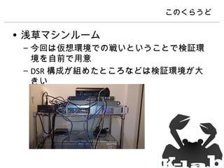 このくらうど

• 浅草マシンルーム
– 今回は仮想環境での戦いということで検証環
境を自前で用意
– DSR 構成が組めたところなどは検証環境が大
きい

 