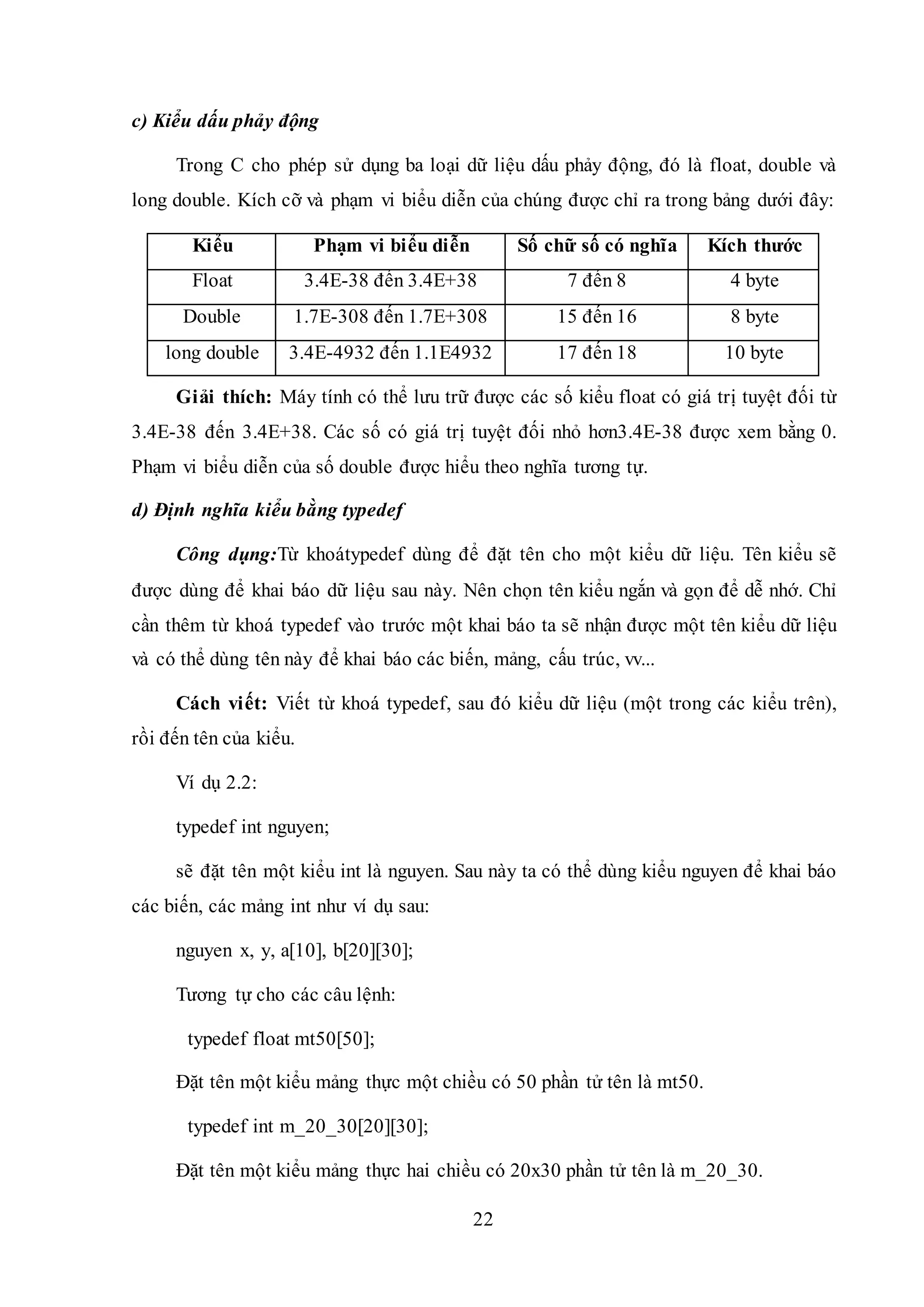 22
c) Kiểu dấu phảy động
Trong C cho phép sử dụng ba loại dữ liệu dấu phảy động, đó là float, double và
long double. Kích cỡ và phạm vi biểu diễn của chúng được chỉ ra trong bảng dưới đây:
Kiểu Phạm vi biểu diễn Số chữ số có nghĩa Kích thước
Float 3.4E-38 đến 3.4E+38 7 đến 8 4 byte
Double 1.7E-308 đến 1.7E+308 15 đến 16 8 byte
long double 3.4E-4932 đến 1.1E4932 17 đến 18 10 byte
Giải thích: Máy tính có thể lưu trữ được các số kiểu float có giá trị tuyệt đối từ
3.4E-38 đến 3.4E+38. Các số có giá trị tuyệt đối nhỏ hơn3.4E-38 được xem bằng 0.
Phạm vi biểu diễn của số double được hiểu theo nghĩa tương tự.
d) Định nghĩa kiểu bằng typedef
Công dụng:Từ khoátypedef dùng để đặt tên cho một kiểu dữ liệu. Tên kiểu sẽ
được dùng để khai báo dữ liệu sau này. Nên chọn tên kiểu ngắn và gọn để dễ nhớ. Chỉ
cần thêm từ khoá typedef vào trước một khai báo ta sẽ nhận được một tên kiểu dữ liệu
và có thể dùng tên này để khai báo các biến, mảng, cấu trúc, vv...
Cách viết: Viết từ khoá typedef, sau đó kiểu dữ liệu (một trong các kiểu trên),
rồi đến tên của kiểu.
Ví dụ 2.2:
typedef int nguyen;
sẽ đặt tên một kiểu int là nguyen. Sau này ta có thể dùng kiểu nguyen để khai báo
các biến, các mảng int như ví dụ sau:
nguyen x, y, a[10], b[20][30];
Tương tự cho các câu lệnh:
typedef float mt50[50];
Đặt tên một kiểu mảng thực một chiều có 50 phần tử tên là mt50.
typedef int m_20_30[20][30];
Đặt tên một kiểu mảng thực hai chiều có 20x30 phần tử tên là m_20_30.
 