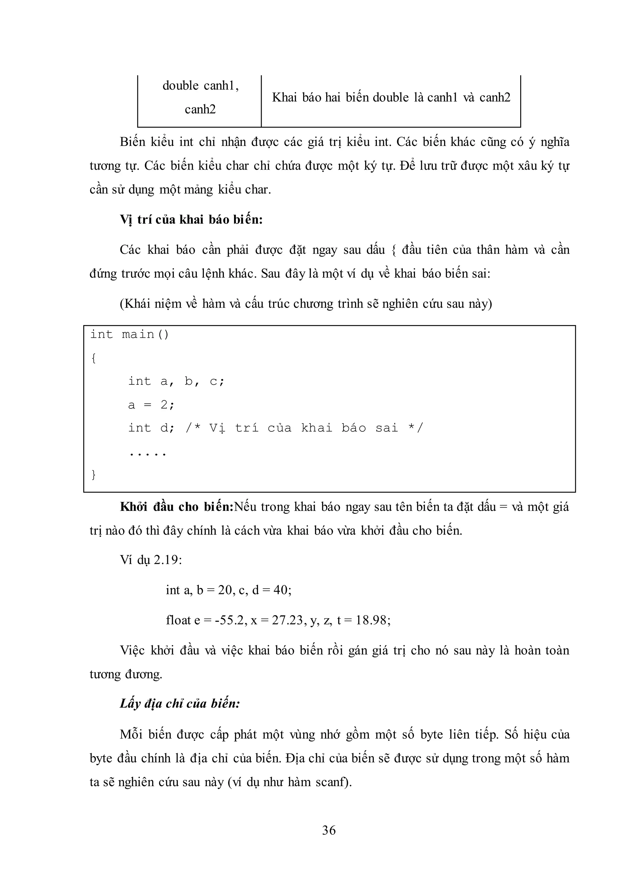 36
double canh1,
canh2
Khai báo hai biến double là canh1 và canh2
Biến kiểu int chỉ nhận được các giá trị kiểu int. Các biến khác cũng có ý nghĩa
tương tự. Các biến kiểu char chỉ chứa được một ký tự. Để lưu trữ được một xâu ký tự
cần sử dụng một mảng kiểu char.
Vị trí của khai báo biến:
Các khai báo cần phải được đặt ngay sau dấu { đầu tiên của thân hàm và cần
đứng trước mọi câu lệnh khác. Sau đây là một ví dụ về khai báo biến sai:
(Khái niệm về hàm và cấu trúc chương trình sẽ nghiên cứu sau này)
int main()
{
int a, b, c;
a = 2;
int d; /* Vị trí của khai báo sai */
.....
}
Khởi đầu cho biến:Nếu trong khai báo ngay sau tên biến ta đặt dấu = và một giá
trị nào đó thì đây chính là cách vừa khai báo vừa khởi đầu cho biến.
Ví dụ 2.19:
int a, b = 20, c, d = 40;
float e = -55.2, x = 27.23, y, z, t = 18.98;
Việc khởi đầu và việc khai báo biến rồi gán giá trị cho nó sau này là hoàn toàn
tương đương.
Lấy địa chỉ của biến:
Mỗi biến được cấp phát một vùng nhớ gồm một số byte liên tiếp. Số hiệu của
byte đầu chính là địa chỉ của biến. Địa chỉ của biến sẽ được sử dụng trong một số hàm
ta sẽ nghiên cứu sau này (ví dụ như hàm scanf).
 