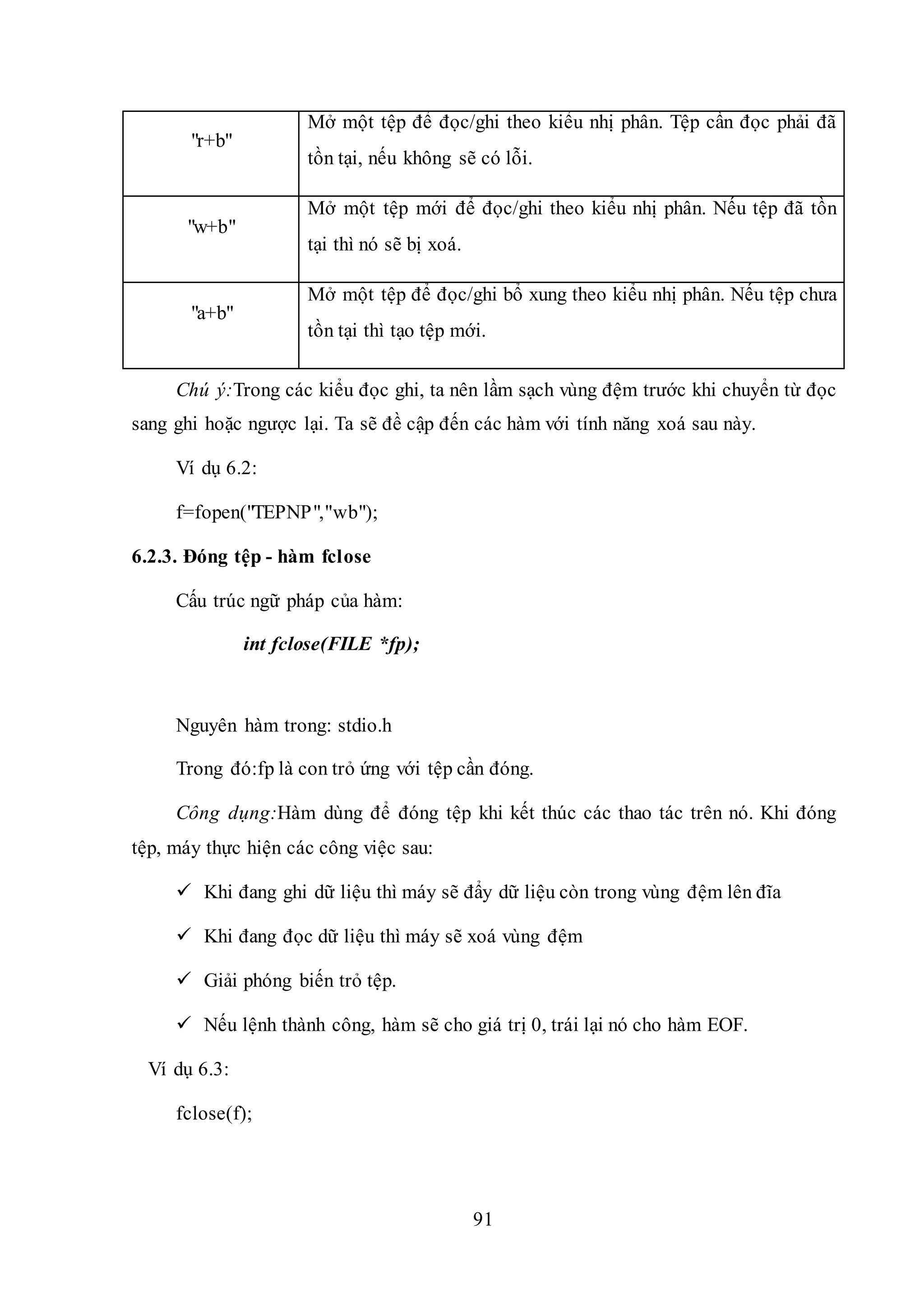 91
"r+b"
Mở một tệp để đọc/ghi theo kiểu nhị phân. Tệp cần đọc phải đã
tồn tại, nếu không sẽ có lỗi.
"w+b"
Mở một tệp mới để đọc/ghi theo kiểu nhị phân. Nếu tệp đã tồn
tại thì nó sẽ bị xoá.
"a+b"
Mở một tệp để đọc/ghi bổ xung theo kiểu nhị phân. Nếu tệp chưa
tồn tại thì tạo tệp mới.
Chú ý:Trong các kiểu đọc ghi, ta nên lầm sạch vùng đệm trước khi chuyển từ đọc
sang ghi hoặc ngược lại. Ta sẽ đề cập đến các hàm với tính năng xoá sau này.
Ví dụ 6.2:
f=fopen("TEPNP","wb");
6.2.3. Đóng tệp - hàm fclose
Cấu trúc ngữ pháp của hàm:
int fclose(FILE *fp);
Nguyên hàm trong: stdio.h
Trong đó:fp là con trỏ ứng với tệp cần đóng.
Công dụng:Hàm dùng để đóng tệp khi kết thúc các thao tác trên nó. Khi đóng
tệp, máy thực hiện các công việc sau:
 Khi đang ghi dữ liệu thì máy sẽ đẩy dữ liệu còn trong vùng đệm lên đĩa
 Khi đang đọc dữ liệu thì máy sẽ xoá vùng đệm
 Giải phóng biến trỏ tệp.
 Nếu lệnh thành công, hàm sẽ cho giá trị 0, trái lại nó cho hàm EOF.
Ví dụ 6.3:
fclose(f);
 
