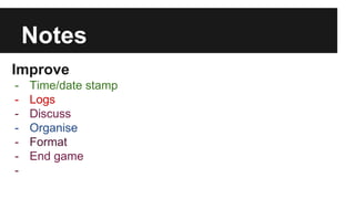 Notes 
Improve 
- Time/date stamp 
- Logs 
- Discuss 
- Organise 
- Format 
- End game 
- 
 