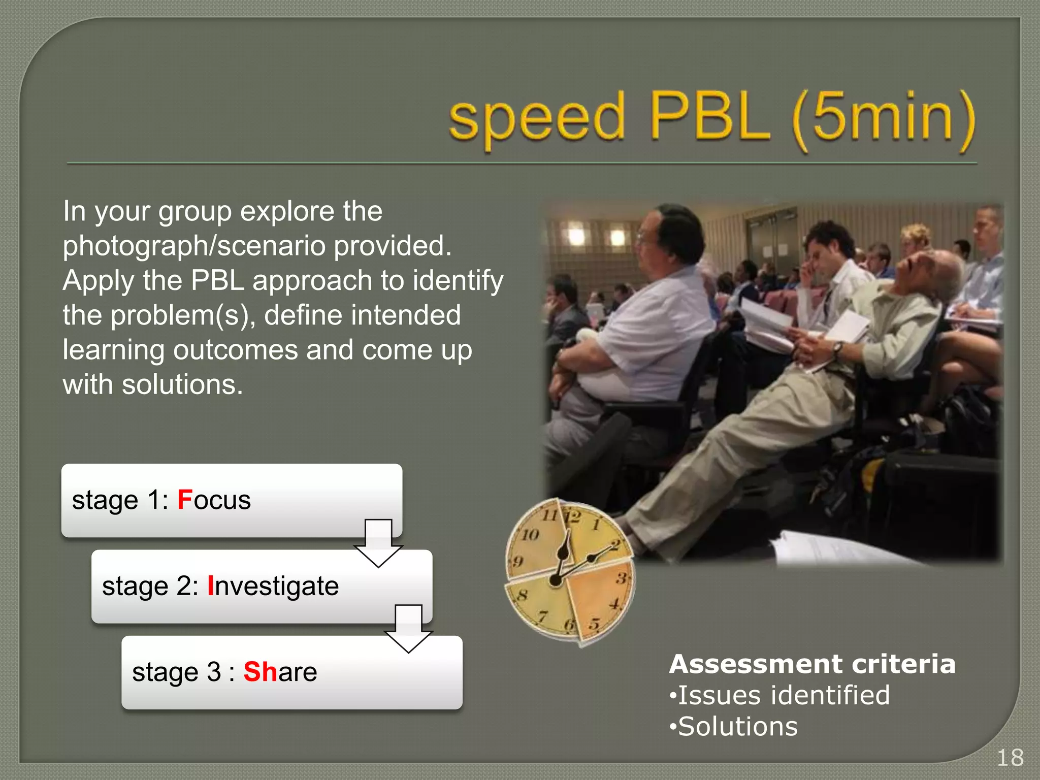 In your group explore the
photograph/scenario provided.
Apply the PBL approach to identify
the problem(s), define intended
learning outcomes and come up
with solutions.


stage 1: Focus


   stage 2: Investigate


     stage 3 : Share                 Assessment criteria
                                     •Issues identified
                                     •Solutions
                                                           18
 