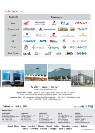 Manesar PlantCorporate Office
Athal Plant Jammu Plant
Corporate Office Gurgaon
Toll Free no.: 1800 102 7475
Reference List
CustomersSegment
Real Estate
Auto
IT
Government
Other
Hotel
follow us on
Sudhir Power Limited
(Formerly known as Sudhir Gensets Ltd.)
Regional Offices:
AHMEDABAD
B-501, Safal Pegasus
Prahlad Nagar, Ahmedabad-380015
Ph : 079-66170003/4
Fax : 079-66170005
sudhirahd@sudhirpower.com
BANGALORE
31, Bommasandra Ind. Area
Bangalore - 560099
Ph : 080-27833024
Fax : 080-27832268
admin@sudhirtransformers.com
MUMBAI
S6/4A, 6th Floor,
Pinnacle Business Park, Shanti Nagar,
Mahakali Caves Road,
Near Nelco, Andheri (E),
Mumbai - 400093
sglmumbai@sudhirpower.com
CHANDIGARH
SCO-281 - First Floor,
Sec. - 32 D,
Chandigarh - 160047
Ph : 0172-4640416/17/18
Fax : 0172-4640418
sglchandigarh@sudhirpower.com
JAIPUR
403, Shalimar Complex
Church Road, Opp. M.I. Road
Jaipur - 302001
Ph : 0141-5104045
Fax : 0141-2371045
sglraj@sudhirpower.com
Branch Offices : Amritsar Bhopal Indore Jammu Jodhpur
Karnal Ludhiana Silvassa Surat Udaipur
Alwar Bikaner Jalandhar
Srinagar
Registered Office : 507, International Trade Tower, Nehru Place, New Delhi - 110 019 Tel.: 91-11-41608000(10 Lines)
Fax : 91-11-41608027 E-mail : info@sudhirpower.com
Corporate Office : Plot No.-1, Sector-34, EHTP, Gurgaon-122 001, Haryana Tel.: +91-124-4168000
Fax : +91-124-4168010 E-mail : info@sudhirpower.com Website : www.sudhirpower.com
CIN: U74899DL1995PLC073261
 