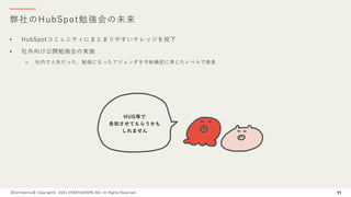 弊社のHubSpot勉強会の未来
【Confidential】Copyright© 2021 CREATIVEHOPE,INC. All Rights Reserved. 11
• HubSpotコミュニティにまとまりやすいナレッジを投下
• 社外向け公開勉強会の実施
– 社内で⼈気だった、勉強になったアジェンダを守秘機密に準じたレベルで発表
HUG等で
告知させてもらうかも
しれません
 