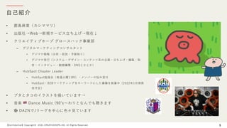 ⾃⼰紹介
【Confidential】Copyright© 2021 CREATIVEHOPE,INC. All Rights Reserved. 3
• ⿅島⿇⾥（カシママリ）
• 出版社→Web→新規サービス⽴ち上げ→現在↓
• クリエイティブホープ グロースハック事業部
– デジタルマーケティングコンサルタント
• デジマケ戦略（分析・仮説・予算取り）
• デジマケ実⾏（システム・デザイン・コンテンツ系の企画・⽴ち上げ・編集・取
材・インタビュー・動画編集・SNSとかとか）
– HubSpot Chapter Leader
• HubSpot勉強会（毎週⽕曜11時）・メンバーの悩み受付
• HubSpot・B2Bマーケティングをキーワードにした書籍を執筆中（2022年1⽉頃発
売予定）
• ブタとタコのイラストを描いています→
• ⾳楽 🇬🇧 Dance Music (90ʼs〜わりとなんでも聴きます
• ⚽ DAZNでJリーグを中⼼に⾊々⾒ています
 