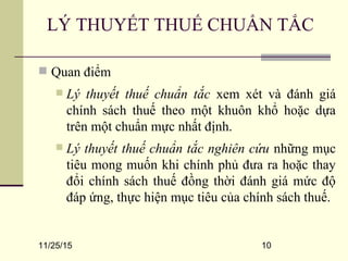 11/25/15 10
 Quan điểm
 Lý thuyết thuế chuẩn tắc xem xét và đánh giá
chính sách thuế theo một khuôn khổ hoặc dựa
trên một chuẩn mực nhất định.
 Lý thuyết thuế chuẩn tắc nghiên cứu những mục
tiêu mong muốn khi chính phủ đưa ra hoặc thay
đổi chính sách thuế đồng thời đánh giá mức độ
đáp ứng, thực hiện mục tiêu của chính sách thuế.
LÝ THUYẾT THUẾ CHUẨN TẮC
Tải bản FULL (19 trang): https://bit.ly/3vJeN6O
Dự phòng: fb.com/TaiHo123doc.net
 