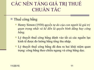 11/25/15 11
 Thuế công bằng
 Henry Simon (1938) quyền tự do của con người là giá trị
quan trọng nhất và kế đến là quyền bình đẳng hay công
bằng.
 Lý thuyết thuế công bằng đánh vào tất cả các nguồn lực
kinh tế được đo lường bằng tổng thu nhập.
 Lý thuyết thuế công bằng đã đưa ra hai khái niệm quan
trọng: công bằng theo chiều ngang và công bằng dọc.
CÁC NỀN TẢNG GIÁ TRỊ THUẾ
CHUẨN TẮC
3192088
 