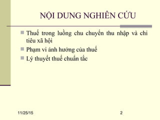 11/25/15 2
NỘI DUNG NGHIÊN CỨU
 Thuế trong luồng chu chuyển thu nhập và chi
tiêu xã hội
 Phạm vi ảnh hưởng của thuế
 Lý thuyết thuế chuẩn tắc
 
