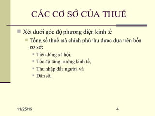 11/25/15 4
CÁC CƠ SỞ CỦA THUẾ
 Xét dưới góc độ phương diện kinh tế
 Tổng số thuế mà chính phủ thu được dựa trên bốn
cơ sở:
 Tiêu dùng xã hội,
 Tốc độ tăng trưởng kinh tế,
 Thu nhập đầu người, và
 Dân số.
 