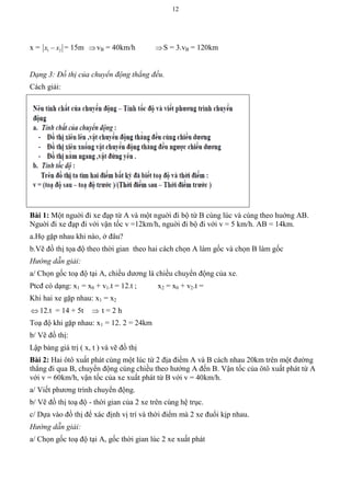 12
x = 1 2x x = 15m vB = 40km/h S = 3.vB = 120km
Dạng 3: Đồ thị của chuyển động thẳng đều.
Cách giải:
Bài 1: Một nguời đi xe đạp từ A và một nguời đi bộ từ B cùng lúc và cùng theo huớng AB.
Nguời đi xe đạp đi với vận tốc v =12km/h, nguời đi bộ đi với v = 5 km/h. AB = 14km.
a.Họ gặp nhau khi nào, ở đâu?
b.Vẽ đồ thị tọa độ theo thời gian theo hai cách chọn A làm gốc và chọn B làm gốc
Hướng dẫn giải:
a/ Chọn gốc toạ độ tại A, chiều dương là chiều chuyển động của xe.
Ptcđ có dạng: x1 = x0 + v1.t = 12.t ; x2 = x0 + v2.t =
Khi hai xe gặp nhau: x1 = x2
 12.t = 14 + 5t  t = 2 h
Toạ độ khi gặp nhau: x1 = 12. 2 = 24km
b/ Vẽ đồ thị:
Lập bảng giá trị ( x, t ) và vẽ đồ thị
Bài 2: Hai ôtô xuất phát cùng một lúc từ 2 địa điểm A và B cách nhau 20km trên một đường
thẳng đi qua B, chuyển động cùng chiều theo hướng A đến B. Vận tốc của ôtô xuất phát từ A
với v = 60km/h, vận tốc của xe xuất phát từ B với v = 40km/h.
a/ Viết phương trình chuyển động.
b/ Vẽ đồ thị toạ độ - thời gian của 2 xe trên cùng hệ trục.
c/ Dựa vào đồ thị để xác định vị trí và thời điểm mà 2 xe đuổi kịp nhau.
Hướng dẫn giải:
a/ Chọn gốc toạ độ tại A, gốc thời gian lúc 2 xe xuất phát
 