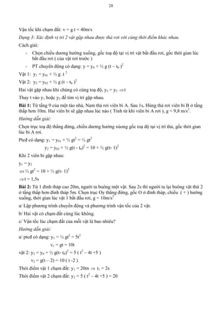 28
Vận tốc khi chạm đất: v = g.t = 40m/s
Dạng 3: Xác định vị trí 2 vật gặp nhau được thả rơi với cùng thời điểm khác nhau.
Cách giải:
- Chọn chiều dương hướng xuống, gốc toạ độ tại vị trí vật bắt đầu rơi, gốc thời gian lúc
bắt đầu rơi ( của vật rơi trước )
- PT chuyển động có dạng: y = y0 + ½ g (t – t0 )2
Vật 1: y1 = y01 + ½ g .t 2
Vật 2: y2 = y02 + ½ g (t – t0 )2
Hai vật gặp nhau khi chúng có cùng toạ độ, y1 = y2 t
Thay t vào y1 hoặc y2 để tìm vị trí gặp nhau.
Bài 1: Từ tầng 9 của một tào nhà, Nam thả rơi viên bi A. Sau 1s, Hùng thả rơi viên bi B ở tầng
thấp hơn 10m. Hai viên bi sẽ gặp nhau lúc nào ( Tính từ khi viên bi A rơi ), g = 9,8 m/s2
.
Hướng dẫn giải:
Chọn trục toạ độ thẳng đứng, chiều dương hướng xúong gốc toạ độ tại vị trí thả, gốc thời gian
lúc bi A rơi.
Ptcđ có dạng: y1 = y01 + ½ gt2
= ½ gt2
y2 = y02 + ½ g(t - t0)2
= 10 + ½ g(t- 1)2
Khi 2 viên bi gặp nhau:
y1 = y2
 ½ gt2
= 10 + ½ g(t- 1)2
t = 1,5s
Bài 2: Từ 1 đỉnh tháp cao 20m, người ta buông một vật. Sau 2s thì người ta lại buông vật thứ 2
ở tầng thấp hơn đỉnh tháp 5m. Chọn trục Oy thẳng đứng, gốc O ở đỉnh tháp, chiều ( + ) hướng
xuống, thời gian lúc vật 1 bắt đầu rơi, g = 10m/s2
a/ Lập phương trình chuyển động và phương trình vận tốc của 2 vật.
b/ Hai vật có chạm đất cùng lúc không.
c/ Vận tốc lúc chạm đất của mỗi vật là bao nhiêu?
Hướng dẫn giải:
a/ ptcđ có dạng: y1 = ½ gt2
= 5t2
v1 = gt = 10t
vật 2: y2 = y0 + ½ g(t- t0)2
= 5 ( t2
– 4t +5 )
v2 = g(t – 2) = 10 ( t -2 )
Thời điểm vật 1 chạm đất: y1 = 20m  t1 = 2s
Thời điểm vật 2 chạm đất: y2 = 5 ( t2
– 4t +5 ) = 20
 