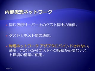    同じ仮想サーバー上のゲスト同士の通信。

   ゲストとホスト間の通信。

   物理ネットワーク アダプタにバインドされない。
    通常、ホストからゲストへの接続が必要なテス
    ト環境の構築に使用。


2010/5/27                 7
 