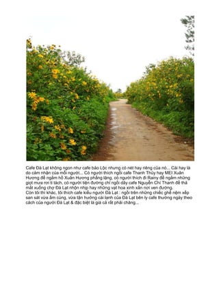 Cafe Đà Lạt không ngon như cafe bảo Lộc nhưng có nét hay riêng của nó... Cái hay là
do cảm nhận của mỗi người... Có người thích ngồi cafe Thanh Thủy hay MEI Xuân
Hương để ngắm hồ Xuân Hương phẳng lặng, có người thích đi Rainy để ngắm những
giọt mưa rơi ti tách, có người tiện đường chỉ ngồi dãy cafe Nguyễn Chí Thanh để thả
mắt xuống chợ Đà Lạt nhộn nhịp hay những vạt hoa xinh xắn nơi ven đường.
Còn tôi thì khác, tôi thích cafe kiểu người Đà Lạt : ngồi trên những chiếc ghế nệm xếp
san sát vừa ấm cúng, vừa tận hưởng cái lạnh của Đà Lạt bên ly cafe thường ngày theo
cách của người Đà Lạt & đặc biệt là giá cả rất phải chăng...
 