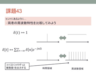 課題43
ヒントにあるように…

• 両者の周波数特性を比較してみよう

𝛿(𝑡) ↔ 1

𝛿[𝑡] ↔

∞
𝑛=−∞

-π＜Ω＜πでずっと
離散値1を出力する

𝛿 𝑛 𝑒 −𝑗nΩ

時間領域

周波数領域

 