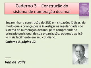 Caderno 3 – Construção do 
sistema de numeração decimal 
Encaminhar a construção do SND em situações lúdicas, de 
modo que a criança possa investigar as regularidades do 
sistema de numeração decimal para compreender o 
princípio posicional de sua organização, podendo aplicá-lo 
mais facilmente em seu cotidiano. 
Caderno 3, página 12. 
...... 
Van de Valle 
 