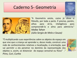 Caderno 5- Geometria 
“A Geometria existe, como já disse o 
filósofo, por toda a parte. É preciso, porém, 
olhos para vê-la, inteligência para 
compreendê-la e alma para admirá-la.” 
Malba Tahan 
(Júlio Sergio de Melo e Souza) 
“É multiplicando suas experiências sobre os objetos do espaço em 
que vive que a criança vai aprender e, desse modo, construir uma 
rede de conhecimentos relativos a localização, à orientação, que 
vai permitir a ela penetrar no domínio da representação dos 
objetos e, assim, se distanciar do espaço sensorial ou físico” .” 
Pires, Curi, Cunha 
 