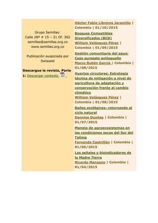 Grupo Semillas:
Calle 28ª # 15 – 31 Of. 302
semillas@semillas.org.co
www.semillas.org.co
Publicación auspiciada por
Swissaid
Descargue la revista, Parte
1: Descargar contexto _
Héctor Fabio Libreros Jaramillo |
Colombia | 01/10/2015
Bosques Comestibles
Diversificados (BCD)
William Velásquez Pérez |
Colombia | 01/09/2015
Gestión comunitaria del agua:
Caso suroeste antioqueño
Marco Rubén García | Colombia |
01/08/2015
Huertos circulares: Estrategia
técnica de mitigación a nivel de
agricultura de adaptación y
conservación frente al cambio
climático
William Velásquez Pérez |
Colombia | 01/08/2015
Baños ecológicos: retornando al
ciclo natural
Dennise Dueñas | Colombia |
01/07/2015
Manejo de agroecosistemas en
las condiciones secas del Sur del
Tolima
Fernando Castrillón | Colombia |
01/06/2015
Las señales y bioindicadores de
la Madre Tierra
Ricardo Manzano | Colombia |
01/04/2015
 