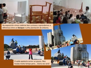 Na exposición vimos cadeiras ben curiosas e aprendemos a
diferenza entre un bosque e unha plantación de árbores.
Á saída apetecía correr un pouco. Non
houbo moito tempo pero... Outra vez será!
 