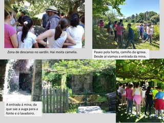 A entrada á mina, da
que sae a auga para a
fonte e o lavadoiro.
Paseo pola horta, camiño da igrexa.
Desde aí viamos a entrada da mina.
Zona de descanso no xardín. Hai moita camelia.
 