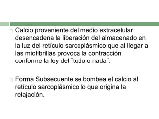    Calcio proveniente del medio extracelular
    desencadena la liberación del almacenado en
    la luz del retículo sarcoplásmico que al llegar a
    las miofibrillas provoca la contracción
    conforme la ley del ¨todo o nada¨.

   Forma Subsecuente se bombea el calcio al
    retículo sarcoplásmico lo que origina la
    relajación.
 