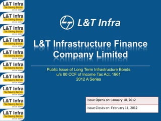Public Issue of Long Term Infrastructure Bonds
     u/s 80 CCF of Income Tax Act, 1961
                 2012 A Series




                      Issue Opens on: January 10, 2012

                      Issue Closes on: February 11, 2012
 