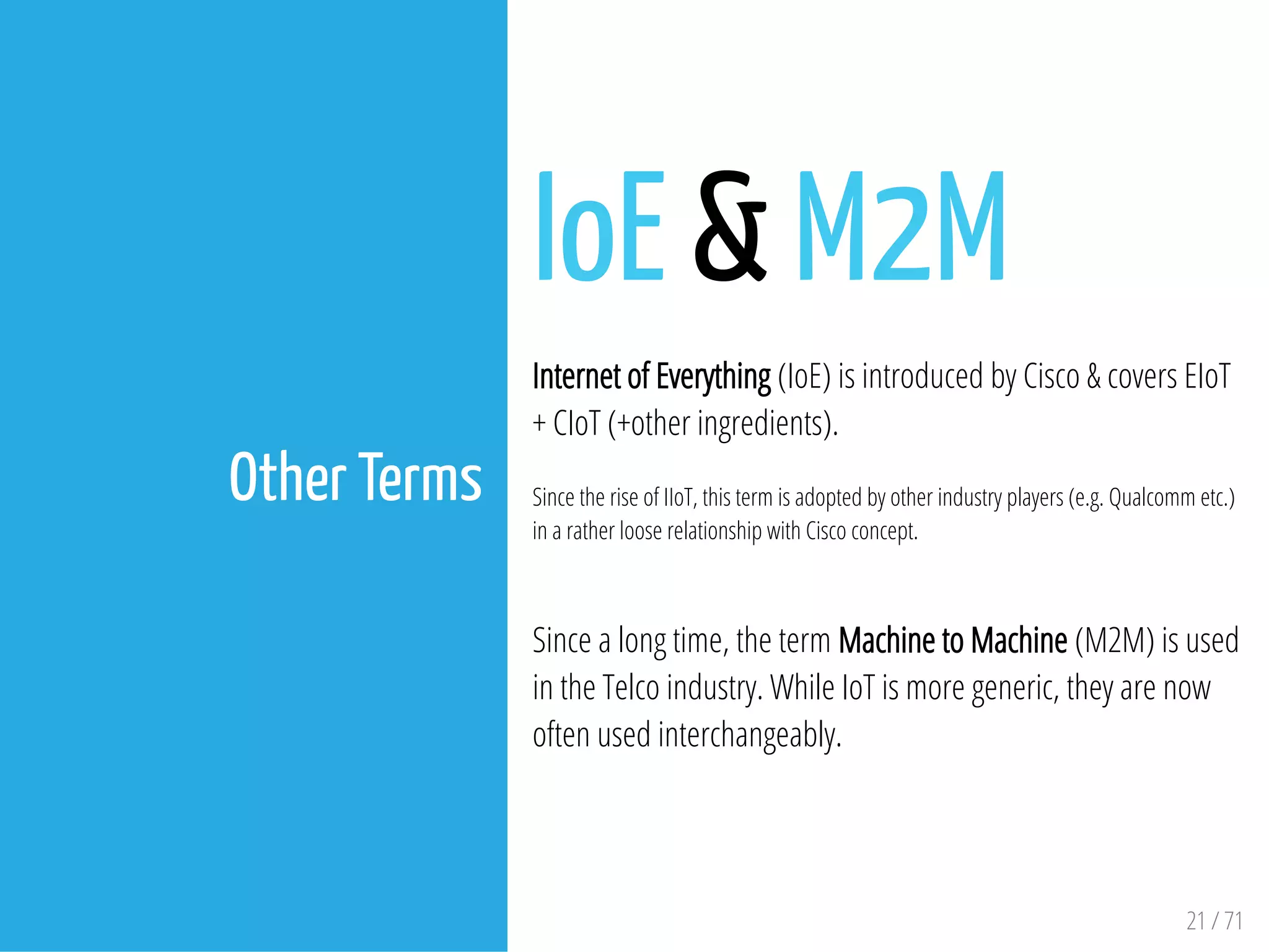 21 / 71
Other Terms
IoE & M2M
Internet of Everything (IoE) is introduced by Cisco & covers EIoT
+ CIoT (+other ingredients).
Since the rise of IIoT, this term is adopted by other industry players (e.g. Qualcomm etc.)
in a rather loose relationship with Cisco concept.
Since a long time, the term Machine to Machine (M2M) is used
in the Telco industry. While IoT is more generic, they are now
often used interchangeably.
 