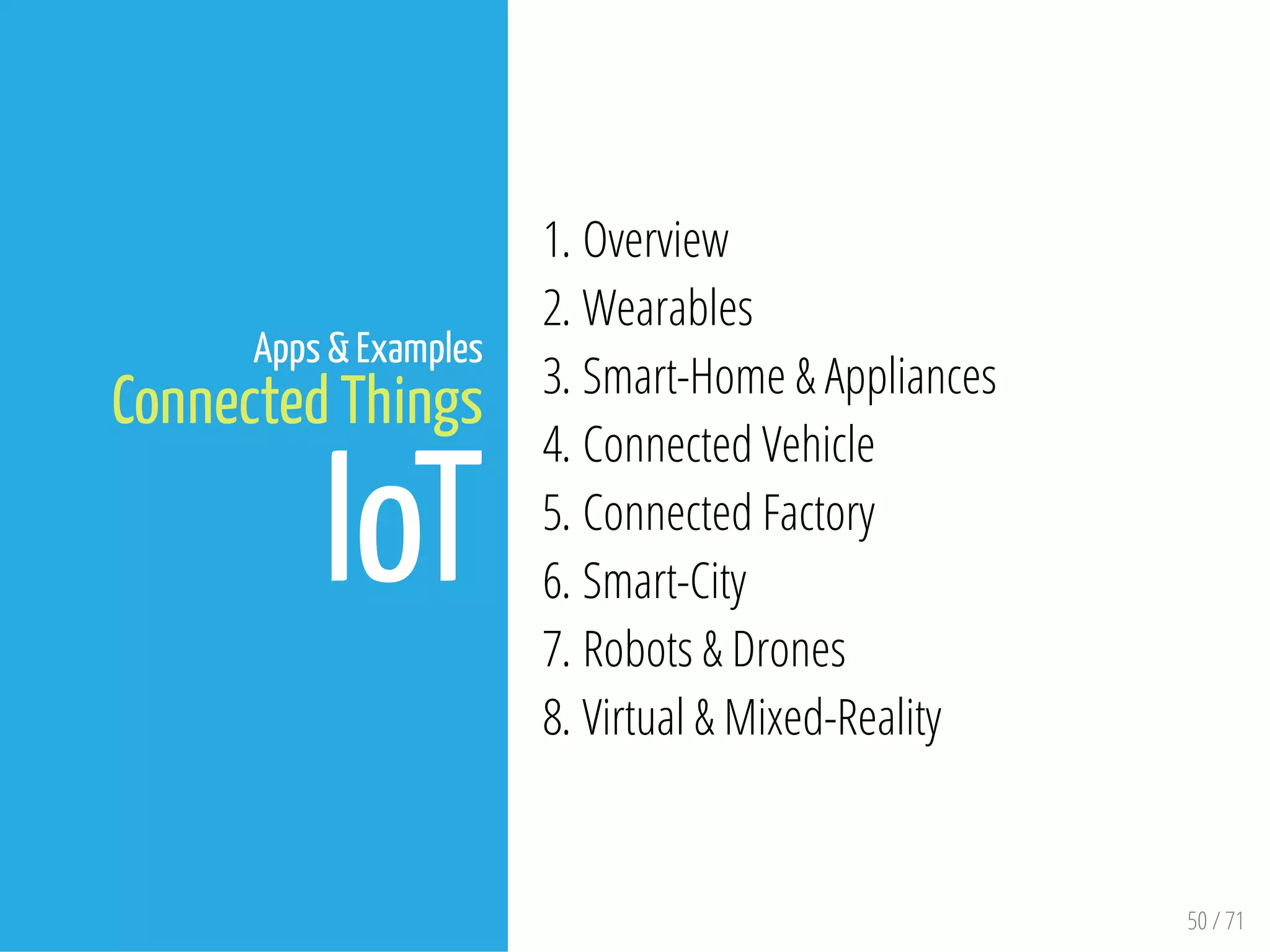 50 / 71
Apps & Examples
Connected Things
IoT
1. Overview
2. Wearables
3. Smart-Home & Appliances
4. Connected Vehicle
5. Connected Factory
6. Smart-City
7. Robots & Drones
8. Virtual & Mixed-Reality
 
