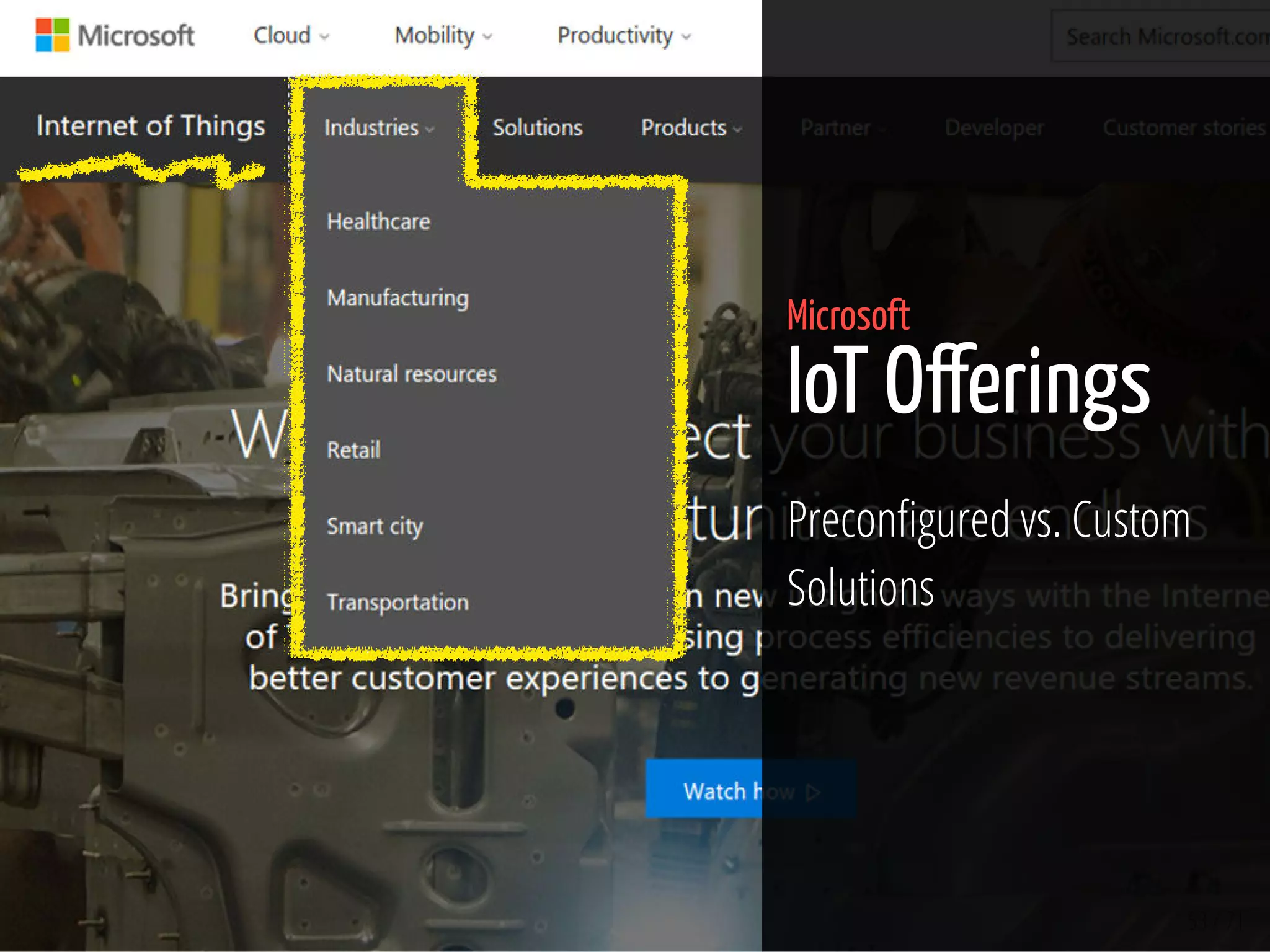 53 / 71
Microsoft
IoT O erings
Precon gured vs. Custom
Solutions
 