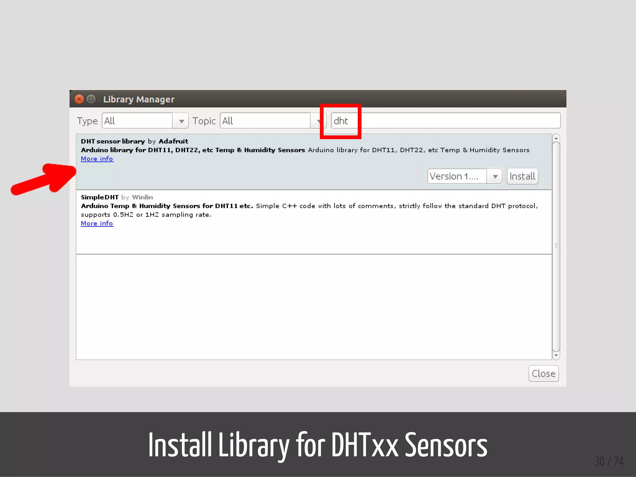 Install Library for DHTxx Sensors 30 / 74
 