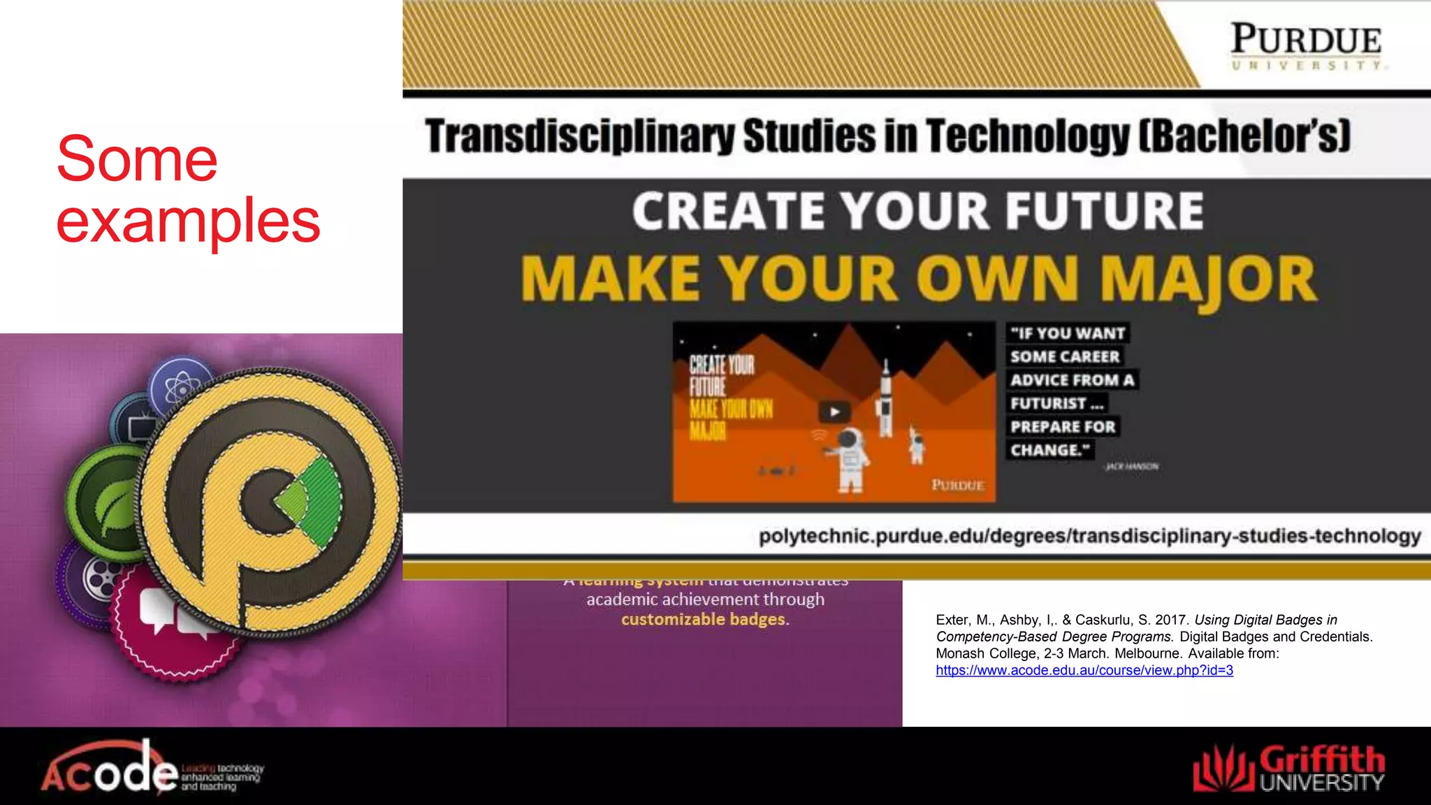 Some
examples
Exter, M., Ashby, I,. & Caskurlu, S. 2017. Using Digital Badges in
Competency-Based Degree Programs. Digital Badges and Credentials.
Monash College, 2-3 March. Melbourne. Available from:
https://www.acode.edu.au/course/view.php?id=3
 