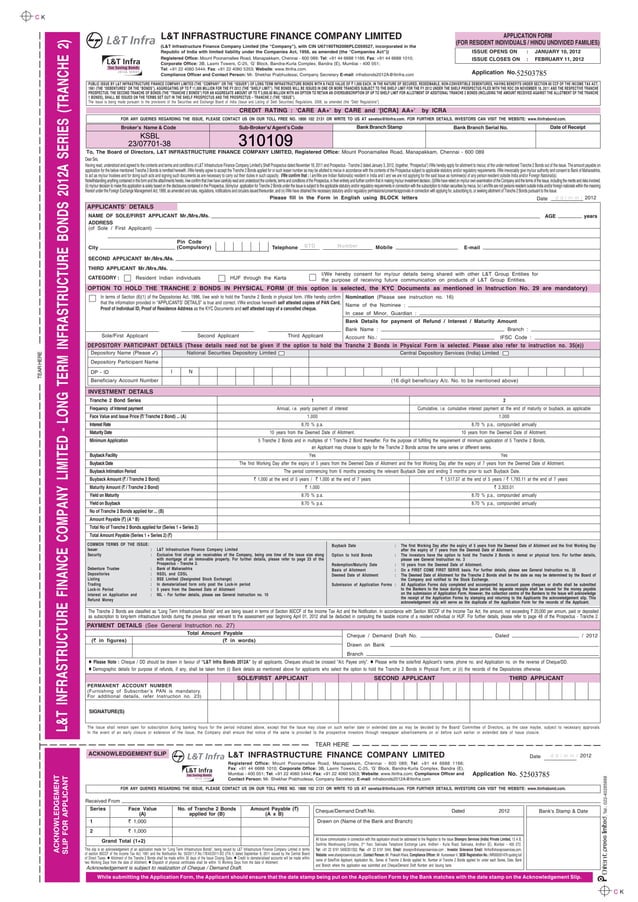 L&t long term infrastructure bond tranche 2 application form 2012 PDF