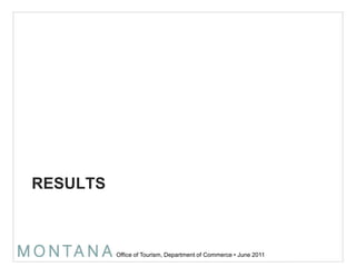 RESULTSAwareness of the brand increased 36% over 2009Intent to travel to Montana nearly doubled over 2009Those aware of Montana’s advertising were as much as 2.5 times more likely to travel to Montana than those unaware For every dollar invested into this campaign, visitors spent $104 in Montana – up from $50 in 2005 and doubling ROI in 5 years Visitation up (5.5%), expenditures up (9%), among highest hotel occupancies in nation (July-Aug)  Record years for both Glacier & Yellowstone NPs (up 9.6% and 10.5% respectively; NPS overall down 1.5%)