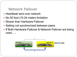 Network Failover
 Heartbeat sent over network
 No 50 foot (15.24 meter) limitation
 Slower than Hardware Failover
 Setting not synchronized between peers
 If Both Hardware Failover & Network Failover are being
used…..
 