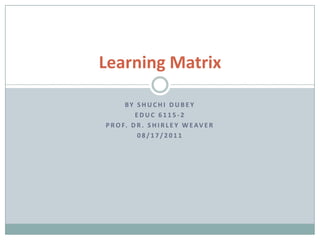 Learning Matrix

       BY SHUCHI DUB EY
          EDUC 6115-2
P R O F. D R . S H I R L E Y W E A V E R
           08/17/2011
 