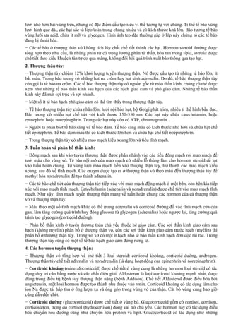 lưới nhỏ hơn hai vùng trên, nhưng có đặc điểm cấu tạo siêu vi thể tương tự với chúng. Ti thể tế bào vùng
lưới hình que dài, các hạt sắc tố lipofusin trong chúng nhiều và có kích thước khá lớn. Bào tương tế bào
vùng lưới ưa acid, chứa ít mỡ và glycogen. Hình ảnh teo đặc thường gặp ở lớp này chứng tỏ các tế bào
đang bị thoái hóa.
− Các tế bào ở thượng thận vỏ không tích lũy chất chế tiết thành các hạt. Hormon steroid thường được
tổng hợp theo nhu cầu, là những phân tử có trọng lượng phân tử thấp, hòa tan trong lipid, steroid được
chế tiết theo kiểu khuếch tán tự do qua màng, không đòi hỏi quá trình xuất bào thông qua tạo hạt.
2. Thượng thận tủy:
− Thượng thận tủy chiếm 12% khối lượng tuyến thượng thận. Nó được cấu tạo từ những tế bào lớn, ít
bắt màu. Trong bào tương có những hạt ưa crôm hay hạt sinh adrenalin. Do đó, tế bào thượng thận tủy
còn gọi là tế bào ưa crôm. Các tế bào thượng thận tủy có nguồn gốc từ mào thần kinh, chúng có thể được
xem như những tế bào thần kinh sau hạch của các hạch giao cảm và phó giao cảm. Những tế bào thần
kinh này đã mất sợi trục và sợi nhánh.
− Một số ít tế bào hạch phó giao cảm có thể tìm thấy trong thượng thận tủy.
− Tế bào thượng thận tủy chứa nhân lớn, lưới nội bào hạt, bộ Golgi phát triển, nhiều ti thể hình bầu dục.
Bào tương có nhiều hạt chế tiết với kích thước 150-350 nm. Các hạt này chứa catecholamin, hoặc
epinephrin hoặc norepinephrin. Trong các hạt này còn có ATP, chromogranin...
− Người ta phân biệt tế bào sáng và tế bào đậm. Tế bào sáng màu có kích thước nhỏ hơn và chứa hạt chế
tiết epinephrin. Tế bào đậm màu thì có kích thước lớn hơn và chứa hạt chế tiết noepinephrin.
− Trong thượng thận tủy có nhiều mao mạch kiểu xoang lớn và tiểu tĩnh mạch.
3. Tuần hoàn và phân bổ thần kinh:
− Động mạch sau khi vào tuyến thượng thận được phân nhánh vào các tiểu động mạch rồi mao mạch để
tưới máu cho vùng vỏ. Tế bào nội mô của mao mạch có nhiều lỗ thủng làm cho hormon steroid dễ lọt
vào tuần hoàn chung. Từ vùng lưới mao mạch tiến vào thượng thận tủy, trở thành các mao mạch kiểu
xoang, sau đó về tĩnh mạch. Các enzym được tạo ra ở thượng thận vỏ theo máu đến thượng thận tủy để
methyl hóa noradrenalin để tạo thành adrenalin.
− Các tế bào chế tiết của thượng thận tủy tiếp xúc với mao mạch động mạch ở một bên, còn bên kia tiếp
xúc với mao mạch tĩnh mạch. Catecholamin (adrenalin và noradrenalin) được chế tiết vào mao mạch tĩnh
mạch. Như vậy, tĩnh mạch tuyến thượng thận mang về tuần hoàn chung các hormon của cả thượng thận
vỏ và thượng thận tủy.
− Máu theo một số tĩnh mạch khác có thể mang adrenalin và corticoid đường đổ vào tĩnh mạch cửa của
gan, làm tăng cường quá trình huy động glucose từ glycogen (adrenalin) hoặc ngược lại, tăng cường quá
trình tạo glycogen (corticoid đường).
− Phân bố thần kinh ở tuyến thượng thận chủ yếu thuộc hệ giao cảm. Các sợi thần kinh giao cảm sau
hạch (không myêlin) phân bố ở thượng thận vỏ, còn các sợi thần kinh giao cảm trước hạch (myêlin) thì
phân bố ở thượng thận tủy. Trong vỏ xơ có một ít hạch nhỏ tế bào thần kinh hạch đơn độc rải rác. Trong
thượng thận tủy cũng có một số tế bào hạch giao cảm đứng riêng lẻ.
4. Các hormon tuyến thượng thận:
− Thượng thận vỏ tổng hợp và chế tiết 3 loại steroid: corticoid khoáng, corticoid đường, androgen.
Thượng thận tủy chế tiết adrenalin và noradrenalin (là dạng hoạt động của epinephrin và norepinephrin).
− Corticoid khoáng (mineralocorticoid) được chế tiết ở vùng cung là những hormon loại steroid có tác
dụng duy trì cân bằng nước và các chất điện giải. Aldosteron là loại corticoid khoáng mạnh nhất, được
dùng trong điều trị bệnh suy thượng thận nặng (bệnh Addison). Chế tiết Aldosterol được điều hòa bởi
angiotensin, một loại hormon được tạo thành phụ thuộc vào renin. Corticoid khoáng có tác dụng làm cho
ion Na được tái hấp thu ở ống lượn xa và ống góp trong vùng vỏ của thận. Cắt bỏ vùng cung bao giờ
cũng dẫn đến chết.
− Corticoid đường (glucocorticoid) được chế tiết ở vùng bó. Glucocorticoid gồm có cortisol, cortison,
corticosteron, trong đó cortisol (hydrocortison) đóng vai trò chủ yếu. Các hormon này có tác dụng điều
hòa chuyển hóa đường cũng như chuyển hóa protein và lipit. Glucocorticoid có tác dụng như những
 