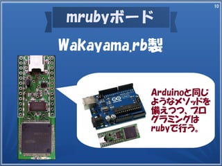 10
mrubyボード
Wakayama.rb製
Arduinoと同じ
ようなメソッドを
備えつつ、プロ
グラミングは
rubyで行う。
 
