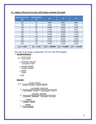 35
II. Aplikasi Microsoft Excel dan SPSS Dalam Statistika Deskriptif
PENDAPATAN
(X)
KONSUMSI
(Y)
XY X2
Y2
80 70 5600 6400 4900
100 65 6500 10000 4225
120 90 10800 14400 8100
140 95 13300 19600 9025
160 110 17600 25600 12100
180 115 20700 32400 13225
200 120 24000 40000 14400
220 140 30800 48400 19600
240 155 37200 57600 24025
260 150 39000 67600 22500
∑X = 1700 ∑Y = 1110 ∑XY = 205500 ∑X2 = 322000 ∑Y2 = 132100
Dari tabel di atas dengan menggunakan Ms Excel dan SPSS hitunglah
a. Koefisien Regresi
𝒃 =
𝒏 ∑ 𝑿𝒀−∑ 𝑿.∑ 𝒀
𝒏 ∑ 𝑿 𝟐−(∑ 𝑿) 𝟐
=
𝟏𝟎.𝟐𝟎𝟓𝟓𝟎𝟎−𝟏𝟕𝟎𝟎.𝟏𝟏𝟏𝟎
𝟏𝟎.𝟑𝟐𝟐𝟎𝟎𝟎−( 𝟏𝟕𝟎𝟎) 𝟐
=
𝟐𝟎𝟓𝟓𝟎𝟎𝟎−𝟏𝟖𝟖𝟕𝟎𝟎𝟎
𝟑𝟐𝟐𝟎𝟎𝟎𝟎−𝟐𝟖𝟗𝟎𝟎𝟎𝟎
=
𝟏𝟔𝟖𝟎𝟎𝟎
𝟑𝟑𝟎𝟎𝟎𝟎
= 𝟎, 𝟓
Korelasi
𝒓 =
𝒏 ∑ 𝑿𝒀−∑ 𝑿.∑ 𝒀
√{ 𝒏 ∑ 𝑿 𝟐−(∑ 𝑿) 𝟐} . { 𝒏∑ 𝒀 𝟐−(∑ 𝒀) 𝟐}
=
𝟏𝟎.𝟐𝟎𝟓𝟓𝟎𝟎−𝟏𝟕𝟎𝟎.𝟏𝟏𝟏𝟎
√{ 𝟏𝟎.𝟑𝟐𝟐𝟎𝟎𝟎−( 𝟏𝟕𝟎𝟎) 𝟐} . { 𝟏𝟎.𝟏𝟑𝟐𝟏𝟎𝟎−( 𝟏𝟏𝟏𝟎) 𝟐}
=
𝟐𝟎𝟓𝟓𝟎𝟎𝟎−𝟏𝟖𝟖𝟕𝟎𝟎𝟎
√{ 𝟑𝟐𝟐𝟎𝟎𝟎𝟎−𝟐𝟖𝟗𝟎𝟎𝟎𝟎} . { 𝟏𝟑𝟐𝟏𝟎𝟎𝟎−𝟏𝟐𝟑𝟐𝟏𝟎𝟎}
=
𝟏𝟔𝟖𝟎𝟎𝟎
√𝟑𝟑𝟎𝟎𝟎𝟎 . 𝟖𝟖𝟗𝟎𝟎
=
𝟏𝟔𝟖𝟎𝟎𝟎
√𝟐𝟗𝟑𝟑𝟕𝟎𝟎𝟎𝟎𝟎𝟎
 