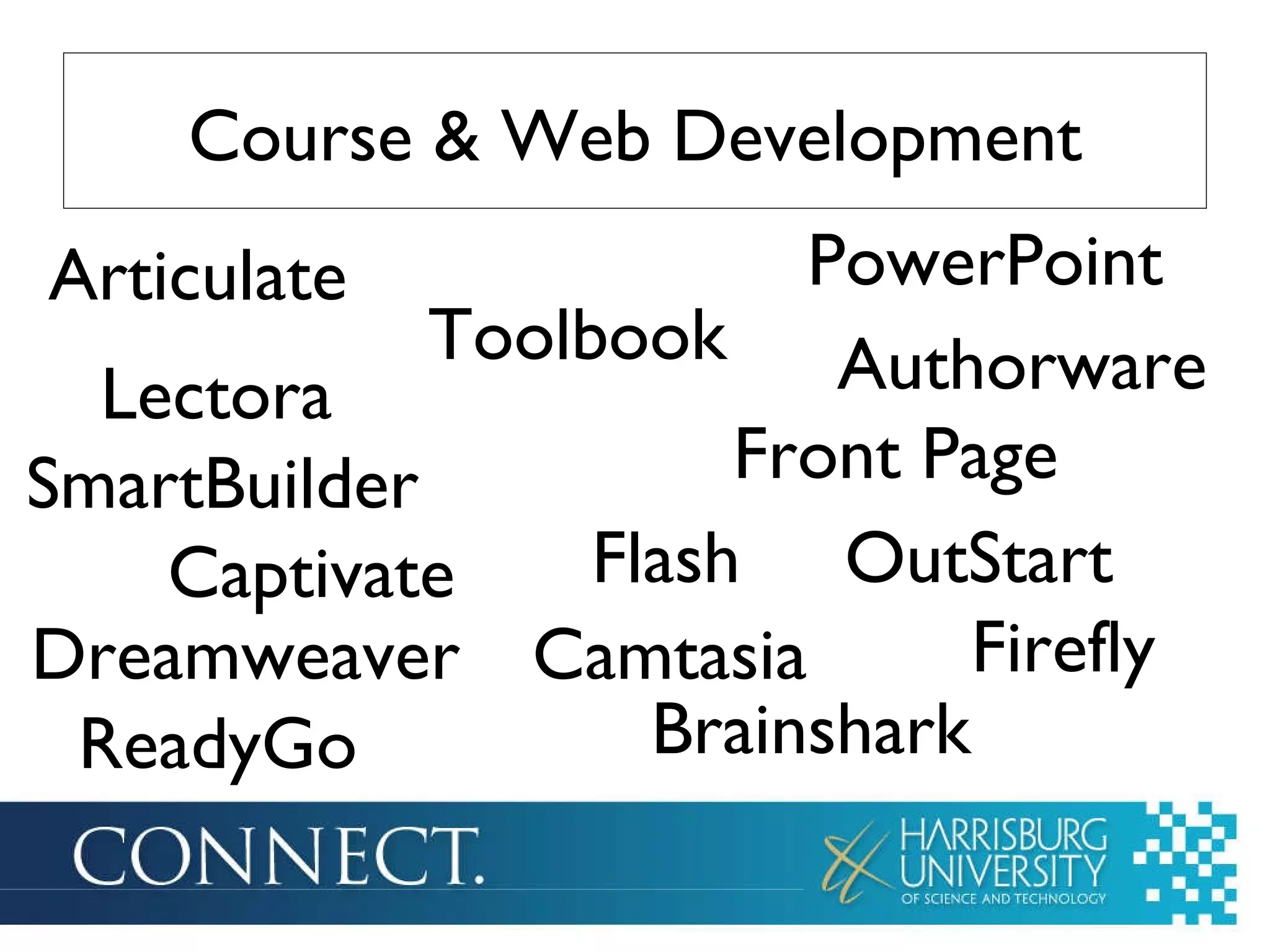 Course & Web Development Articulate PowerPoint Firefly Toolbook Lectora Flash Captivate Dreamweaver Brainshark OutStart Camtasia Authorware Front Page ReadyGo SmartBuilder 