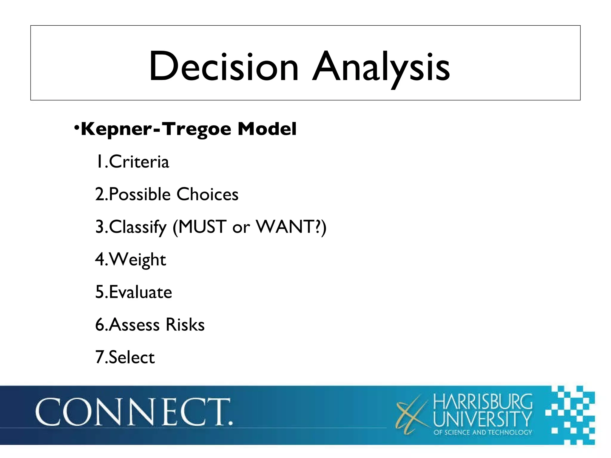 Decision Analysis Kepner-Tregoe Model Criteria Possible Choices Classify (MUST or WANT?) Weight Evaluate Assess Risks Select
