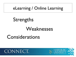 eLearning / Online Learning

  Strengths
        Weaknesses
Considerations
 