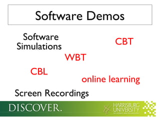Software Demos
  Software              CBT
Simulations
              WBT
   CBL
               online learning
Screen Recordings
 