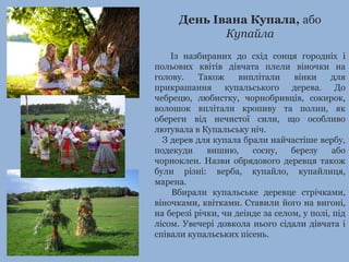 День Івана Купала, або
Купайла
Із назбираних до схід сонця городніх і
польових квітів дівчата плели віночки на
голову. Також виплітали вінки для
прикрашання купальського дерева. До
чебрецю, любистку, чорнобривців, сокирок,
волошок вплітали кропиву та полин, як
обереги від нечистої сили, що особливо
лютувала в Купальську ніч.
З дерев для купала брали найчастіше вербу,
подекуди вишню, сосну, березу або
чорноклен. Назви обрядового деревця також
були різні: верба, купайло, купайлиця,
марена.
Вбирали купальське деревце стрічками,
віночками, квітками. Ставили його на вигоні,
на березі річки, чи деінде за селом, у полі, під
лісом. Увечері довкола нього сідали дівчата і
співали купальських пісень.
 